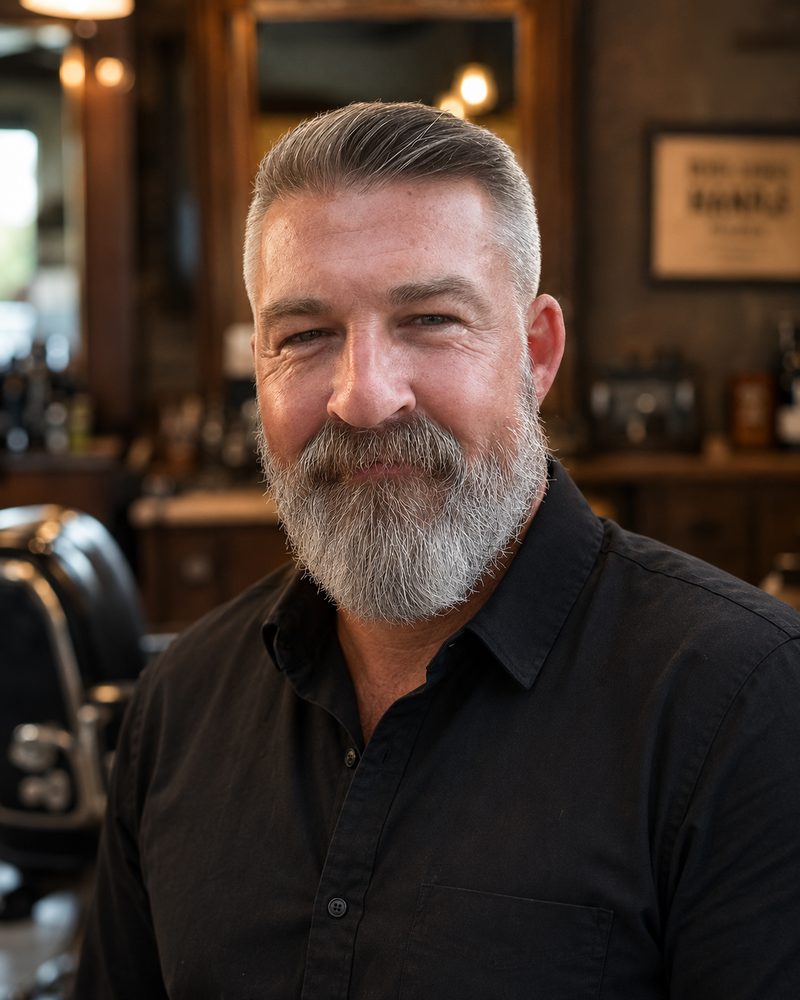 Blaine, owner and barber, smiling in his shop in a black work shirt.