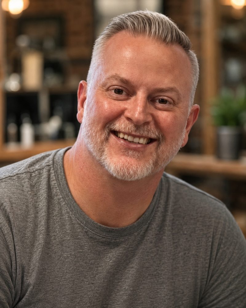 Kevin, barber, smiling in the shop in a grey t-shirt.