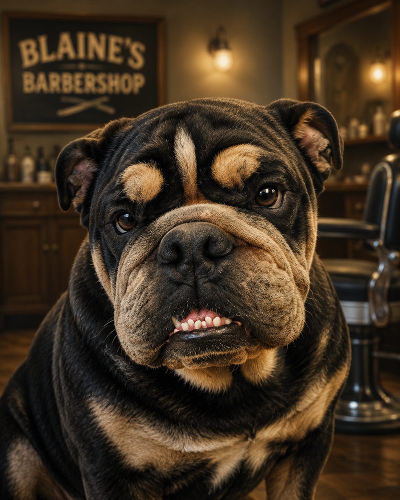 Mack the bulldog sitting front and center in the shop, with the Blaine's Barbershop sign behind him.